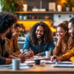 Group of diverse influencers brainstorming in a creative workspace.