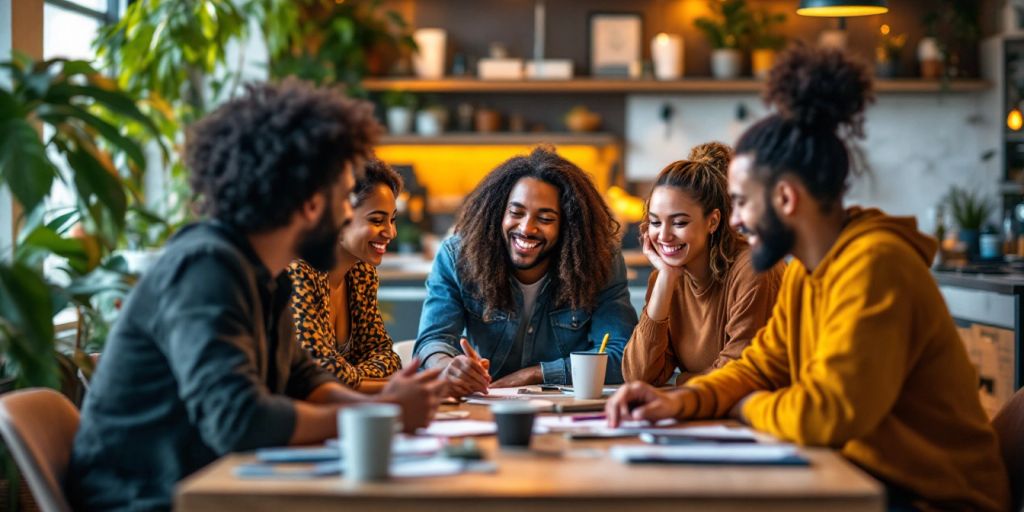 Group Of Diverse Influencers Brainstorming In A Creative Workspace.